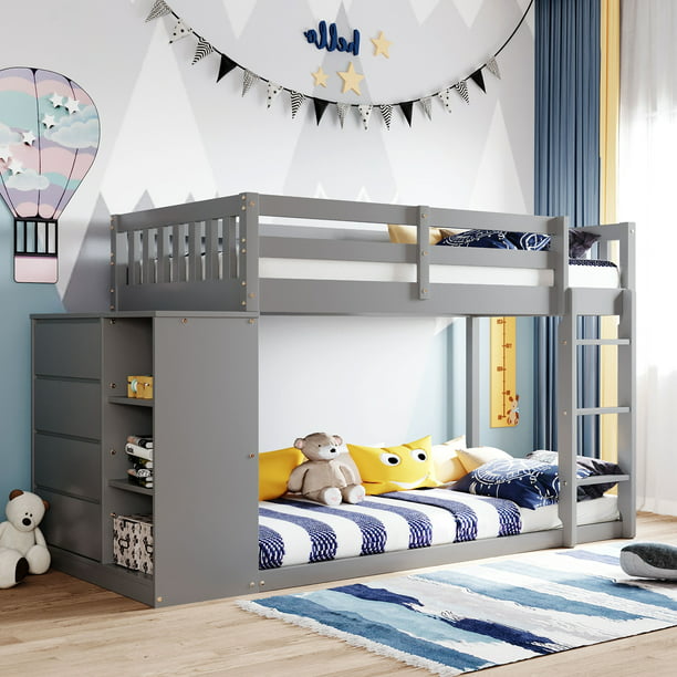 Adults Twin Over Twin Bunk Beds with Drawers and Shelves Wood Low Bunk Beds for Kids Toddlers Girls Boys Teens Bunk Bed with Storage Gray 